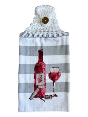 Hand Crafted Gray and White Striped Hanging Hand Towel with Red Wine Design